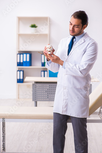 Young male doctor holding skull