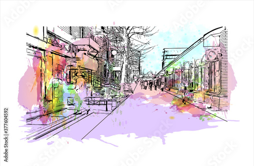 Building view with landmark of Balashikha is a city in Moscow Oblast, Russia, located on the Pekhorka River 1 kilometer east of the Moscow. Watercolor splash hand drawn sketch illustration in vector.