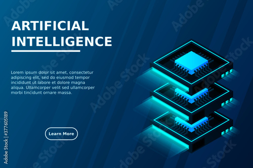 Quantum computer, large data processing, server room, data base concept, the microprocessor isometric vector