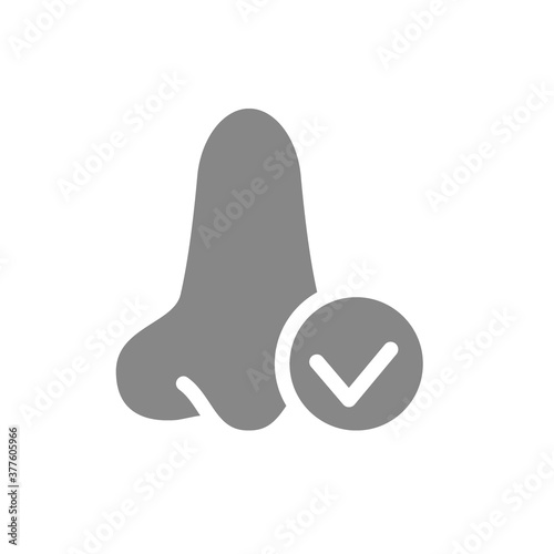 Nose with tick checkmark grey icon. Healthy organ symbol