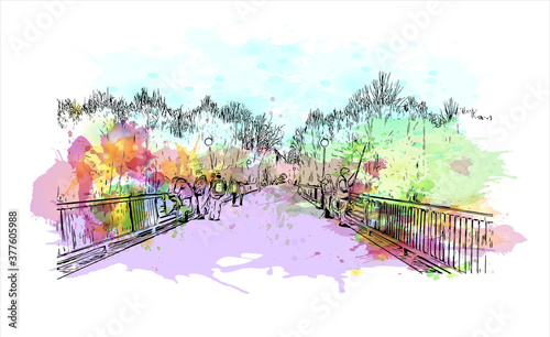 Building view with landmark of Balashikha is a city in Moscow Oblast, Russia, located on the Pekhorka River 1 kilometer east of the Moscow. Watercolor splash hand drawn sketch illustration in vector.
