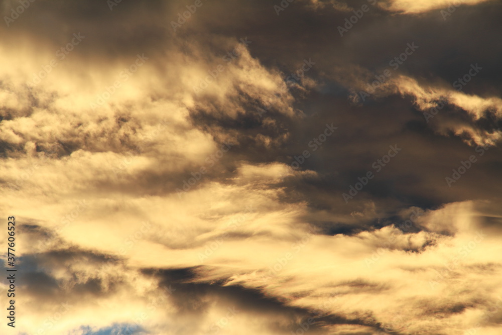 朝陽に照らされて黄金色に輝く雲が浮かぶ空