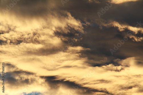 Fototapeta Naklejka Na Ścianę i Meble -  朝陽に照らされて黄金色に輝く雲が浮かぶ空