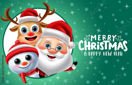 Christmas vector banner template design. Merry christmas text in empty space for messages with xmas characters like santa claus, snowman and reindeer in circle frame for holiday greeting card. 