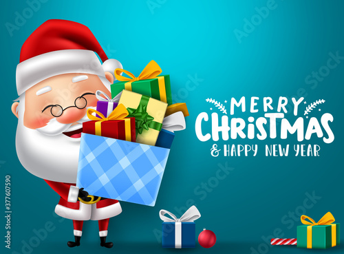 Christmas santa character vector banner design. Merry christmas text with santa claus character holding box of colorful box of gifts with empty space for greeting card messages. Vector illustration