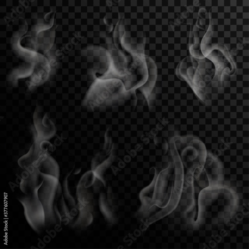 Set of digital realistic smoke on a dark background. Izolated white steam from coffee, tea and hot food. Transparent elements for web pages and menu