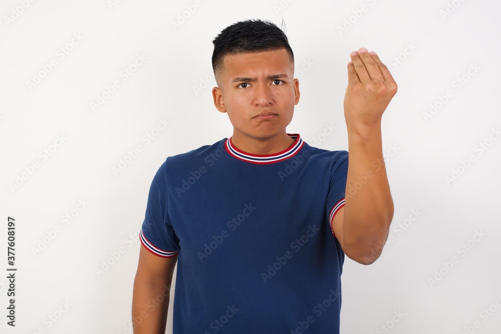 Young handsome hispanic man wearing casual t-shirt standing over white isolated background angry gesturing typical italian gesture with hand, looking to camera Young handsome hispanic man wearing casual t-shirt standing over white isolated background angry gesturing typical italian gesture with hand, looking to camera