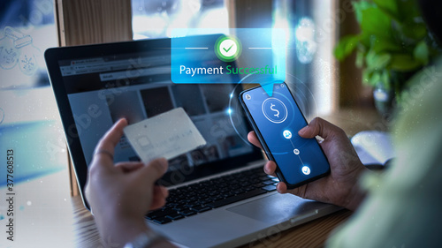 Modern money transaction transfer technology payment successful using mobile phone smart pay credit card billing info, online shopping ecommerce store ordering products, futuristic graphics icons