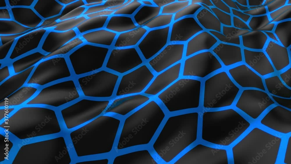 Abstract smooth surface with ripples. Cloth with waves. Blue pattern of cell lines on a black canvas. Fashion luxury textile. Modern background for poster, cover, branding, web, banner. 3d rendering Abstract smooth surface with ripples. Cloth with waves. Blue pattern of cell lines on a black canvas. Fashion luxury textile. Modern background for poster, cover, branding, web, banner. 3d rendering
