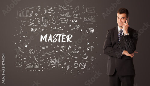 Businessman thinking with MASTER inscription, business education concept