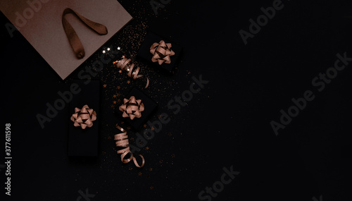 Christmas and Black Friday concept. Top horizontal view copyspace. Festive sales background