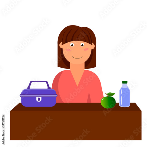 Lunch box lunch, water and apple. The girl is having lunch during her break. Vector illustration isolated on white background.
