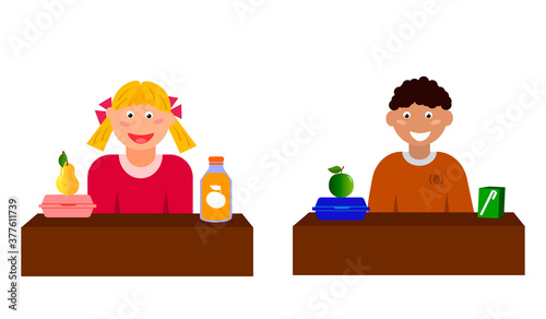 Children are eating lunch. lunch.Vector illustration isolated on white background.