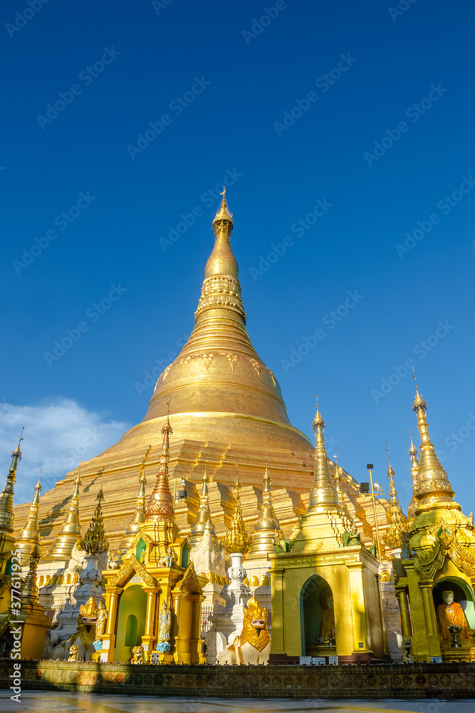 The Shwedagon Pagoda Temple, Golden Pagoda in YANGON ,MYANMAR. The most famous landmark of MYANMAR. Layout for magazine, ads.