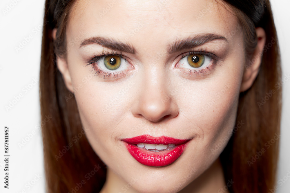 Close-up portrait of woman smile red lips look forward Close-up portrait of woman smile red lips look forward