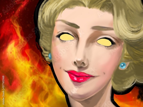 portrait of a creepy smiling blonde woman with fire background