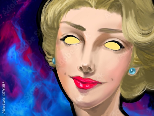 portrait of a creepy smiling blonde woman with fire background © NORIMA