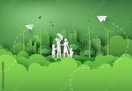 illustration of eco and world environment day with happy family.paper art style.