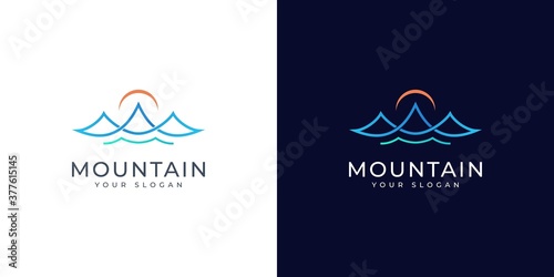 mountain with sunset logo design
