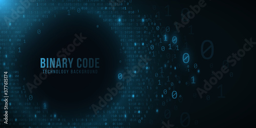 Binary code on a dark blue background. Hi-tech modern design. Programming banner. World network. Technology template. Vector illustration.
