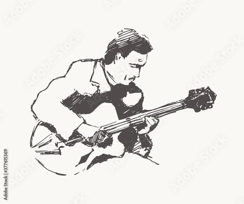 Man playing the guitar hand drawn vector vintage