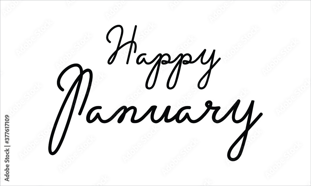 Happy January Black script Hand written thin Typography text lettering and Calligraphy phrase isolated on the White background 