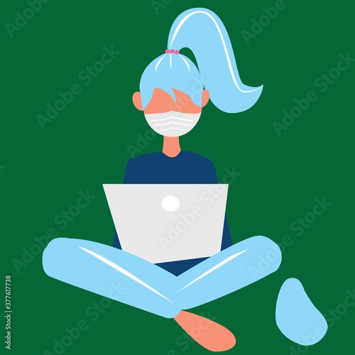 Woman with laptop sitting isolated on white background. Concept illustration for working, freelancing, studying, education, work from home. Vector illustration in flat cartoon style
