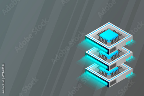 Quantum computer, large data processing, server room, artificial intelligence, data base concept, the microprocessor isometric vector