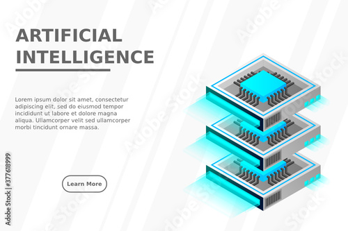 Quantum computer, large data processing, server room, artificial intelligence, data base concept, the microprocessor isometric vector