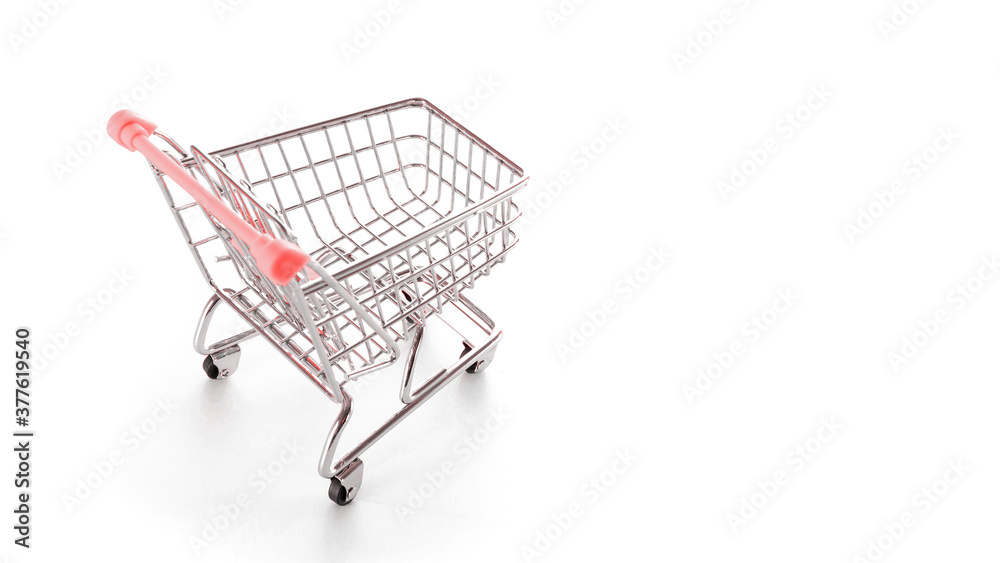 Sale background. Empty trolley cart for supermarket isolated on white background. Food shopping basket for retail market. Discount promotion and Black Friday concept. Copy space for text. Sale background. Empty trolley cart for supermarket isolated on white background. Food shopping basket for retail market. Discount promotion and Black Friday concept. Copy space for text.