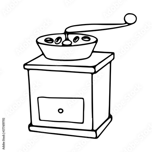 Vector illustration of a coffee mill in doodle style hand drawn in black outline.  For labels, postcards, drinks, advertising design and packaging materials.