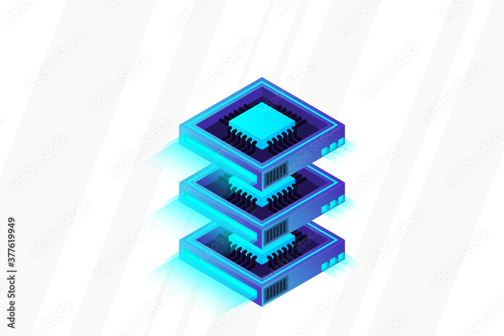 Quantum computer, large data processing, server room, artificial intelligence, data base concept, the microprocessor isometric vector Quantum computer, large data processing, server room, artificial intelligence, data base concept, the microprocessor isometric vector