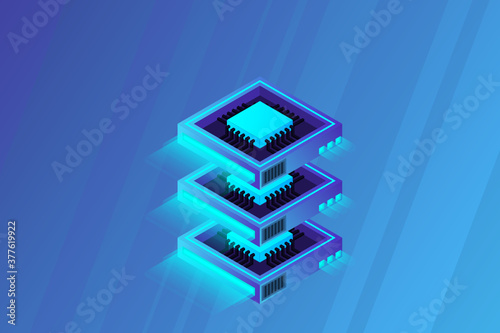 Quantum computer, large data processing, server room, artificial intelligence, data base concept, the microprocessor isometric vector
