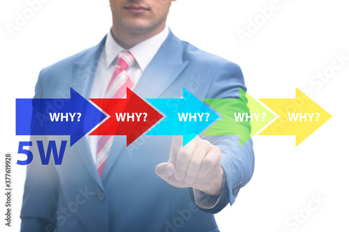 Five whys concept with businessman pressing virtual button © Elnur