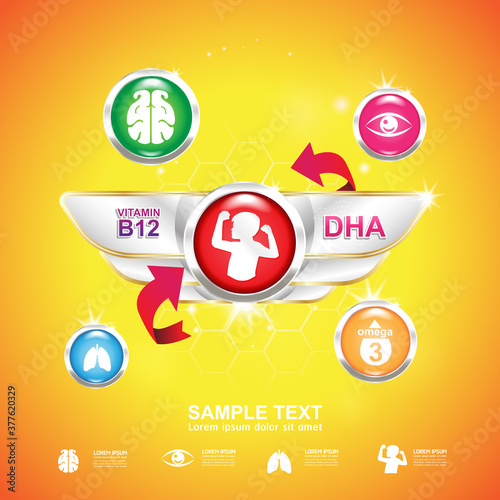 Omega 3 Vitamin and Nutrients for Kids Vector Concept