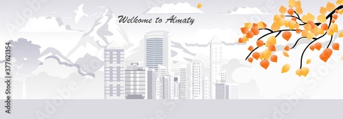 Panorama view of Kazakh cityl Almaty in autumn season in paper style vector illustration for travel poster, postcard and more