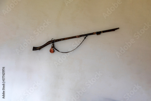 gun on the wall in baltit fort, karimabad,  hunza, gilgit baltistan, Pakistan  photo