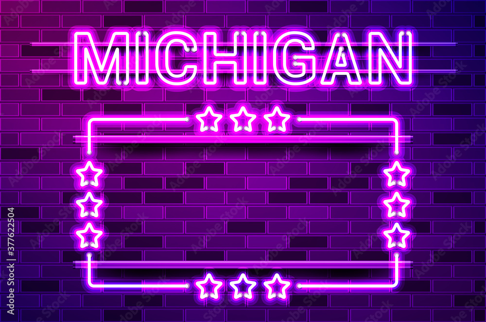 Michigan US State glowing purple neon lettering and a rectangular frame with stars