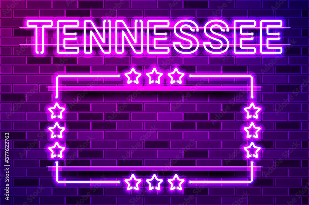 Tennessee US State glowing purple neon lettering and a rectangular frame with stars Tennessee US State glowing purple neon lettering and a rectangular frame with stars