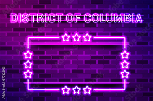 District of Columbia glowing purple neon lettering and a rectangular frame with stars