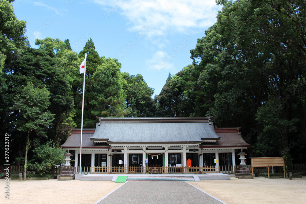 Obraz premium One traditional temple and Japanese flag around Miyazaki Jingu Shrine