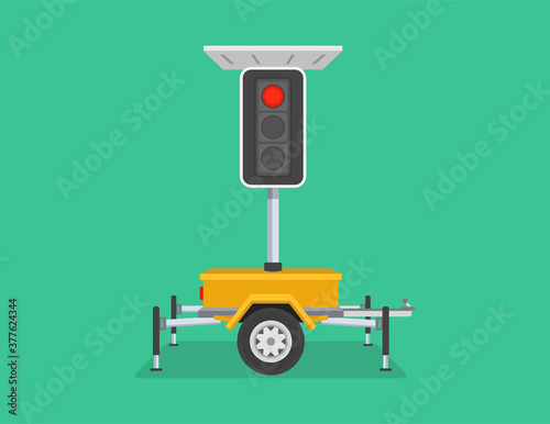 Towing electronic led traffic light. Portable and mobile solar roadwork traffic light. Flat vector illustration template.