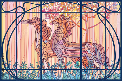 Bend horses. Couple horses are walking together. Pink, red shades