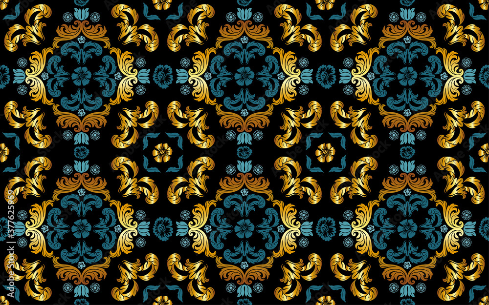 Seamless Floral Pattern in Gold and Blue Tint - Repetitive Texture on Black Background, Vector Illustration