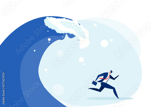 man running away from the work hard wave pursuing him concept. Vector illustration in flat cartoon