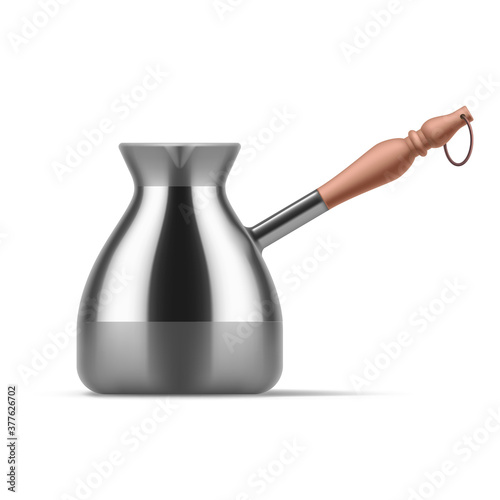 Steel coffee pot. Traditional Turkish cezve coffee brewing kitchen utensils realistic vector illustration isolated on white background