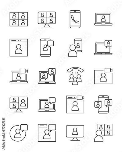 set of video conference thin line icons, video call, online study, work form home ,content creator, online meeting