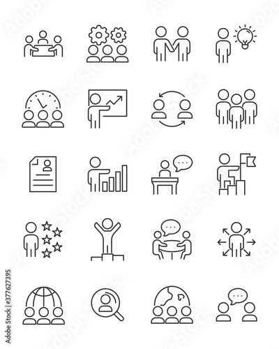 set of business people thin line icons, team, teamwork, meeting, work