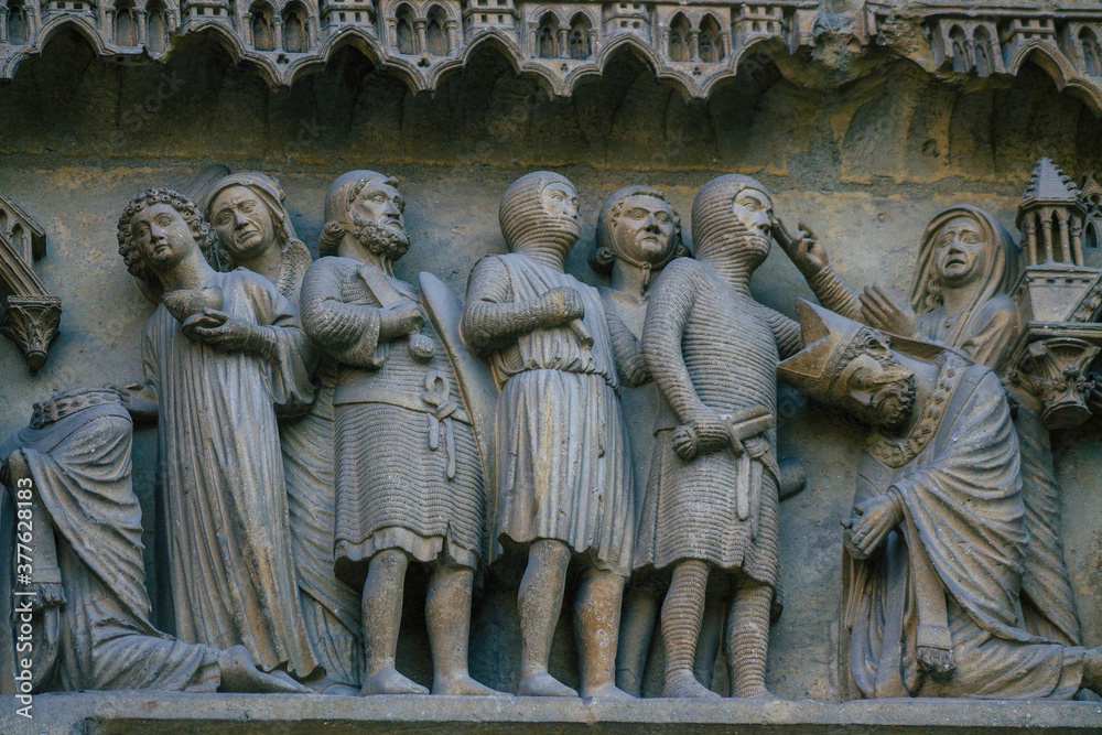 View of the exterior facade of the Roman Catholic Notre Dame de Reims Cathedral, a historical monument in the Grand Est region of France and one of the oldest in Europe
