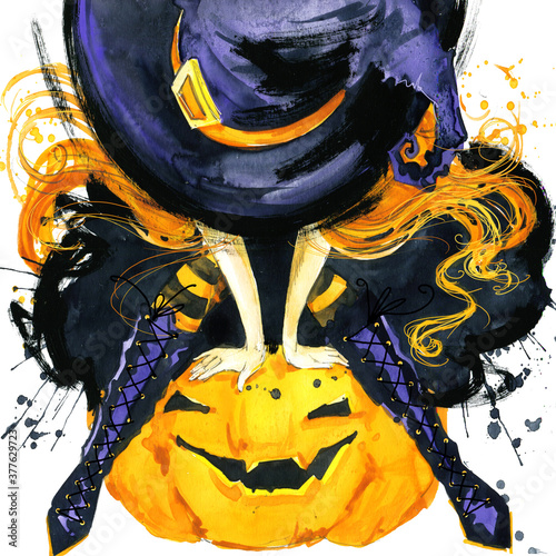 Halloween witch watercolor illustration. Halloween party hand drawn posters  photo